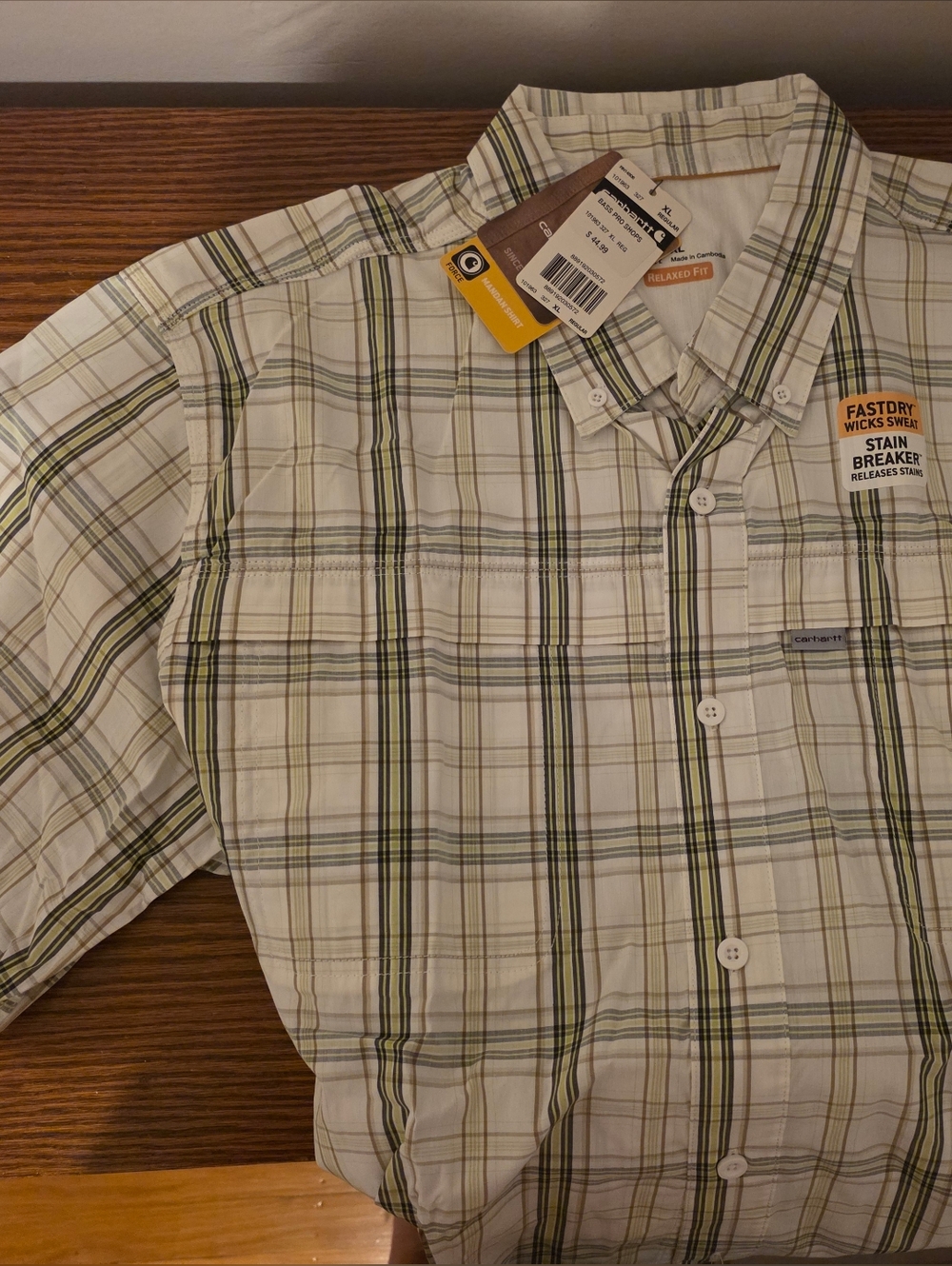 Carhartt Men’s White, Olive & Gray Plaid Short-Sleeve Button Shirt, New Sz Large